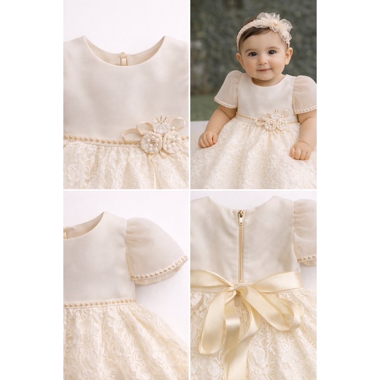 VESTIDO BAUTISMO CON FALDA DE ENCAJE,  PECHERA Y MANGA DE ORGANZA. COLOR NATURAL. CHILDREN DIOR
