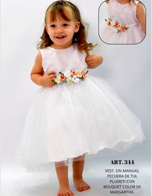 VESTIDO BAUTISMO PARA BEBA SIN MANGAS CON PECHERA DE TUL Y PLUMETI CON BOUQUETE COLOR DE MARGARITAS CHILDREN DIOR