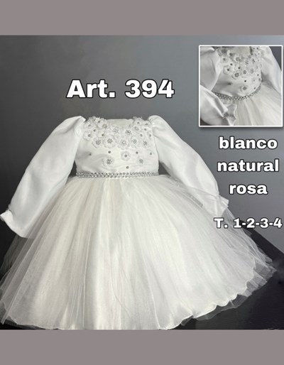 VESTIDO  BAUTISMO  FALDA DE TUL LISO, MANGA LARGA, CON DETALLES DE STRAS EN PECHERA Y CINTURA. CHILDREN DIOR