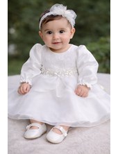 VESTIDO BAUTISMO PECHERA  ENCAJE,  MANGA  LARGA, DOBLE FALDA ORGANZA, BOUQUET CENTRAL. CHILDREN DIOR