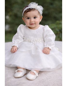 VESTIDO BAUTISMO PECHERA  ENCAJE,  MANGA  LARGA, DOBLE FALDA ORGANZA, BOUQUET CENTRAL. CHILDREN DIOR