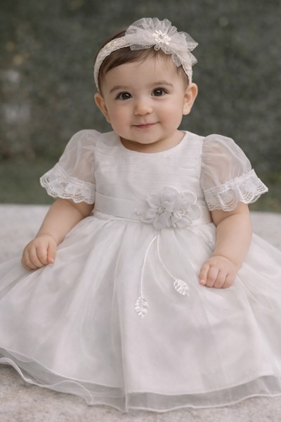 VESTIDO BAUTISMO DE ORGANZA , PECHERA Y MANGA BORDADA CON PUNTILLAS. CHILDREN DIOR