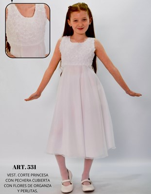 VESTIDO PARA PRIMERA COMUNION CORTE PRINCESA SIN MANGA CON TORERITA DE REGALO CINTURA CON PERLAS Y BOUQUET MARGARITAS CHILDREN DIOR