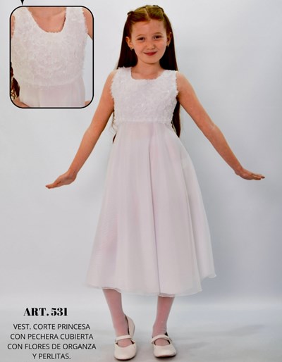 VESTIDO PARA PRIMERA COMUNION CORTE PRINCESA SIN MANGA CON TORERITA DE REGALO CINTURA CON PERLAS Y BOUQUET MARGARITAS CHILDREN DIOR