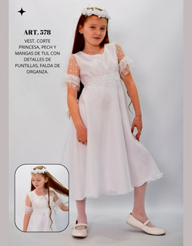 VESTIDO COTE PRINCESA, PECHERA Y MANGA DE TULL CON DETALLE DE PUNTILLAS, FALDA DE ORGANGA. CHILDREN DIOR