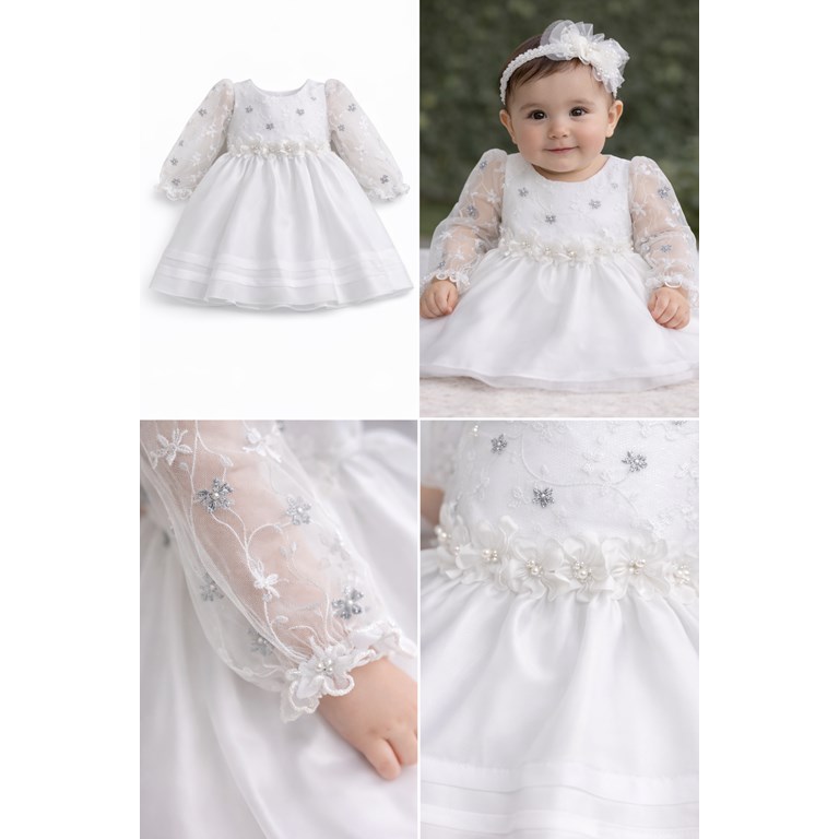 VESTIDO BAUTISMO CON PECHERA, MAGA LARGA BORDADA, FALDA DE ORGANZA CONTABLAS. CHILDREN DIOR