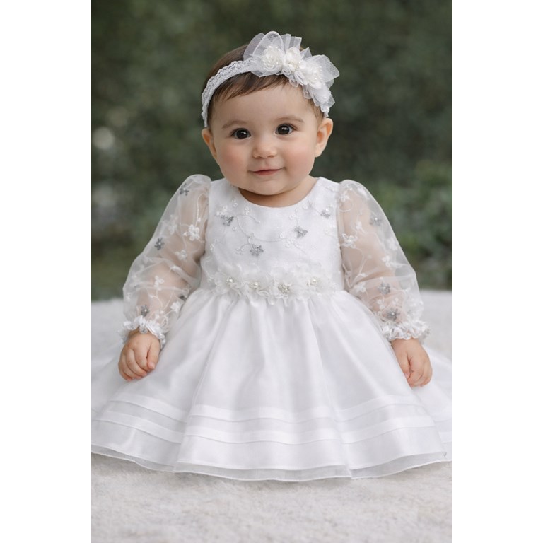 VESTIDO BAUTISMO CON PECHERA, MAGA LARGA BORDADA, FALDA DE ORGANZA CONTABLAS. CHILDREN DIOR