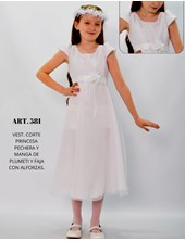 VESTIDO CORTE PRINCESA PECHERA Y MANGA  DE PLUMETI, FAJA CON ALFORZAS