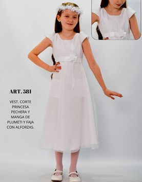 VESTIDO CORTE PRINCESA PECHERA Y MANGA DE PLUMETI, FAJA CON ALFORZAS