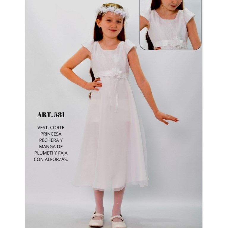 VESTIDO CORTE PRINCESA PECHERA Y MANGA DE PLUMETI, FAJA CON ALFORZAS