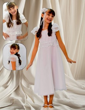 VESTIDO CORTE PRINCESA CON PUNTILLA EN CINTURA, MANGA DOBLE DE ORGANZA. CHILDREN DIOR