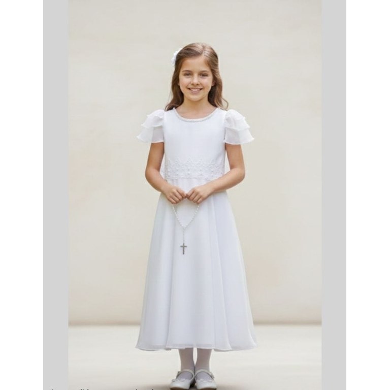 Vestido corte princesa manga triple de organza y pasamaneria corona en cintura.Children dior