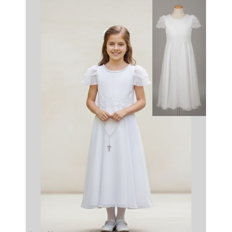 Vestido corte princesa manga triple de organza y pasamaneria corona en cintura.Children dior