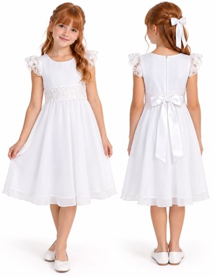 VESTIDO COMUNION CORTE PRICESA CON FAJA EN CINTURA DE GUIPIURE. QUE SERA