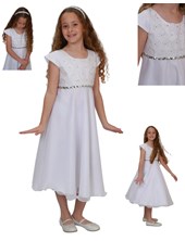 Vestido corte princesa con pechera de moños manga corta y detalles de strass en cintura.Children dior