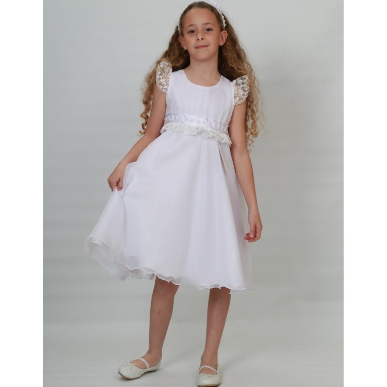 Vestido corte princesa con faja detalles de flores y gipiure en cintura y manga. Children Dior