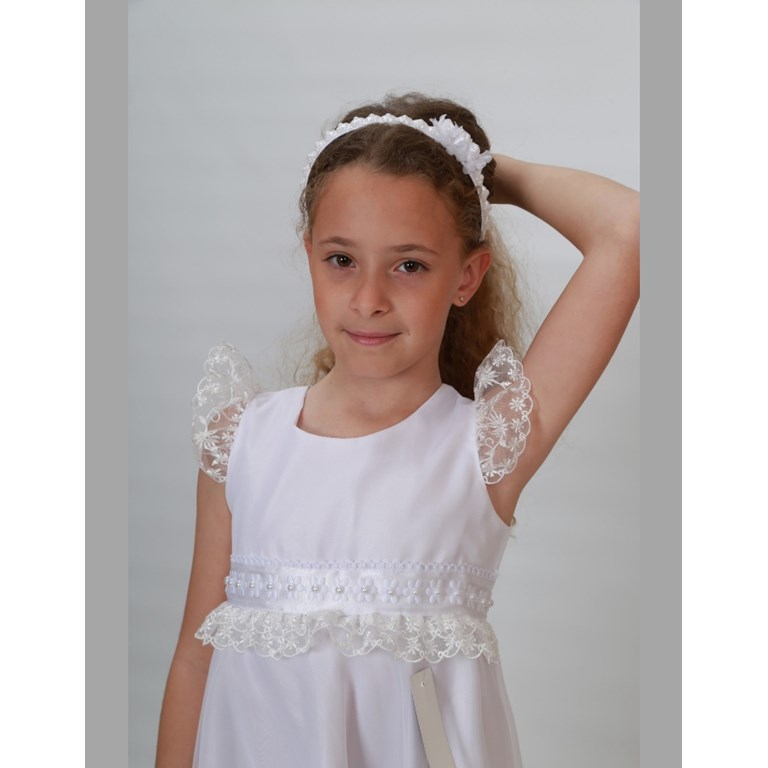 Vestido corte princesa con faja detalles de flores y gipiure en cintura y manga. Children Dior