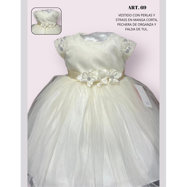 VESTIDO BAUTISMO PECHERA ORGANZA, FALDA DE TUL, MANGA CORTA INTEGRAMENTE BORDADA CON DIVERSAS PERLAS CHILDREN DIOR