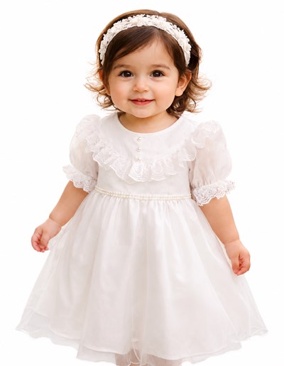 VESTIDO BAUTISMO BEBA SIN MANGA CON PECHERA DE ORGANZA Y CINTURA CON FAJA DE PERLAS MARGARITAS. CHILDREN DIOR