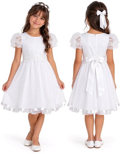 VESTIDO COMUNIÓN CON TULL BORDADO EN MANGA Y CINTURA CON PERLAS. CHILDREN DIOR