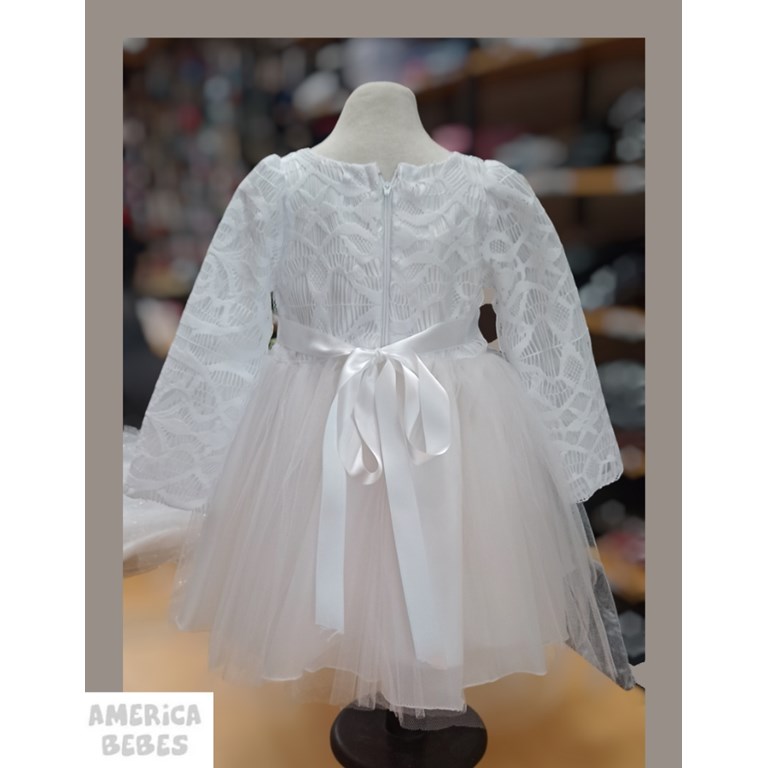 VESTIDO BAUTISMO PECHERA Y MANGA LARGA DE ENCAJE, FALDA DE TUL  CHILDREN DIOR