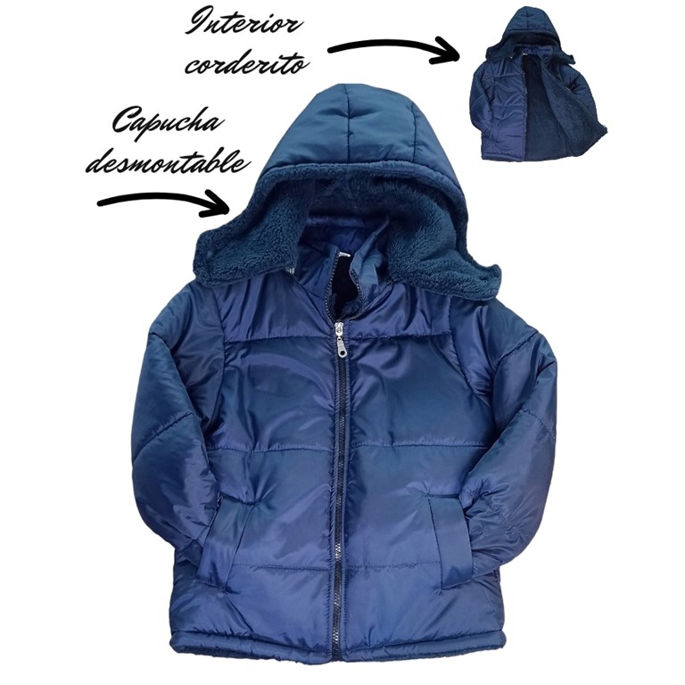 CAMPERA AZUL CON CAPUCHA DESMONTABLE CON CORDEITO AL TONO ADENTRO.  LABENDEL