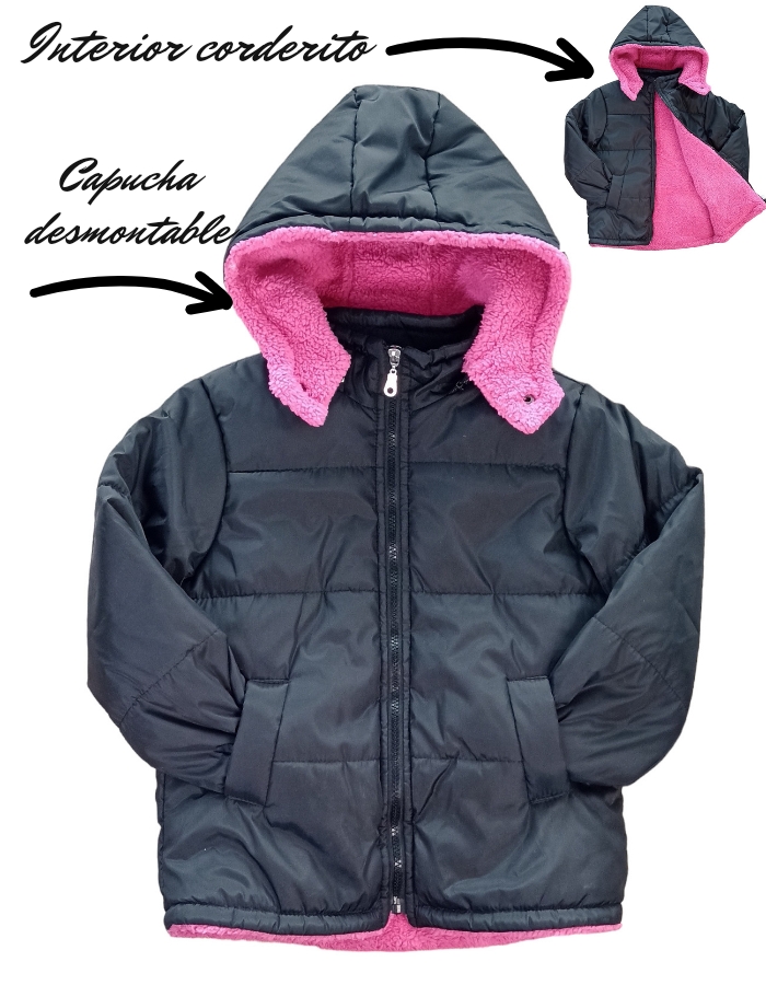 CAMPERA CON CORDERITO ADENTRO FUCSIA Y CAPUCHA DESMONTABLE PARA