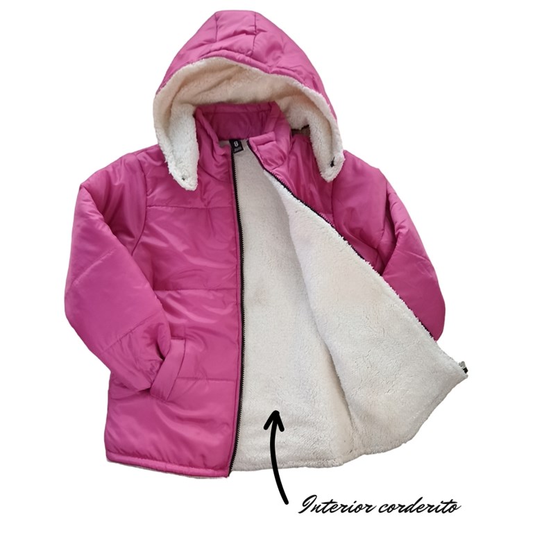 CAMPERA FUCSIA CON CORDERITO NATURAL ADENTRO Y CAPUCHA DESMONTABLE PARA NENA LABENDEL