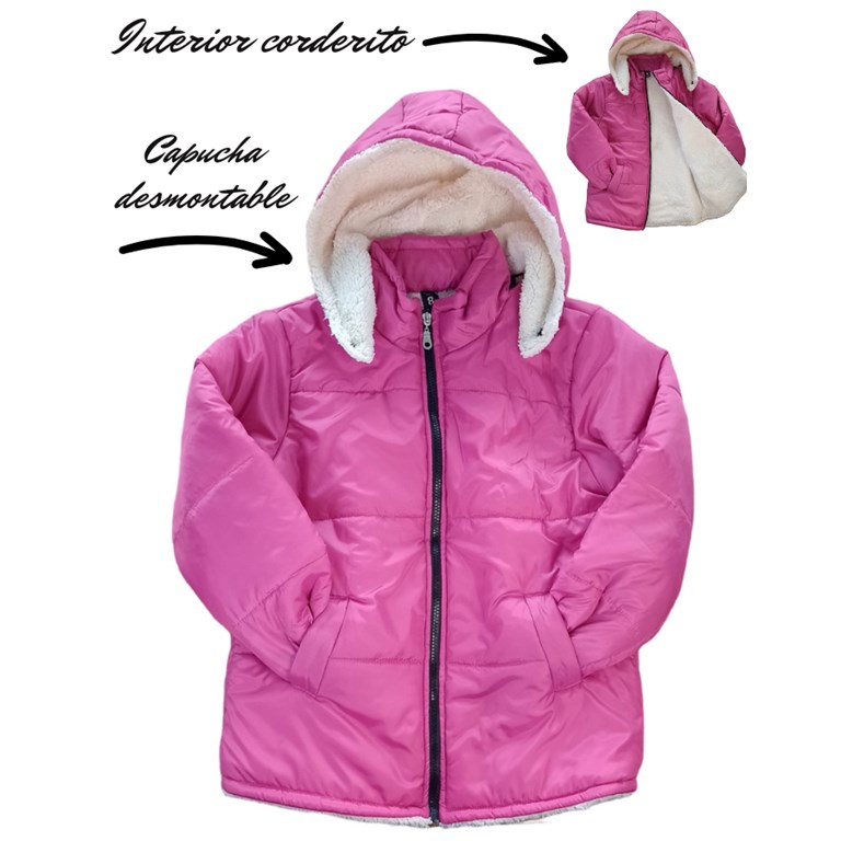 CAMPERA FUCSIA CON CORDERITO NATURAL ADENTRO Y CAPUCHA DESMONTABLE PARA NENA LABENDEL