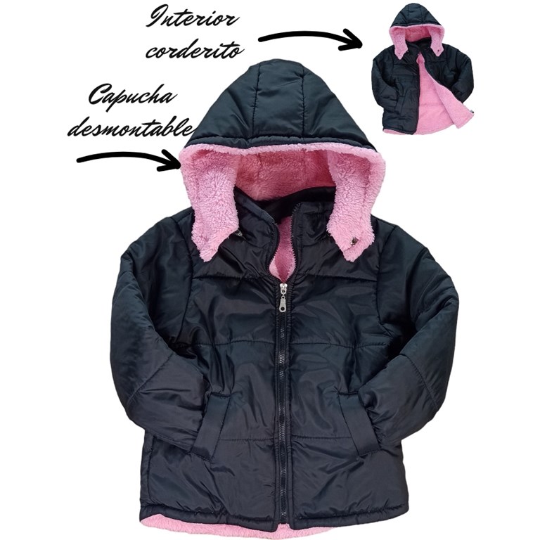 CAMPERA NEGRA CON CORDERITO ROSA ADENTRO Y CAPUCHA DESMONTABLE PARA NENA LABENDEL