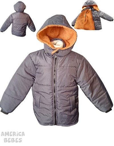 CAMPERA GRIS TOPO CON CORDERITO ADENTRO CAMEL Y CAPUCHA PARA NIÑO LABENDEL