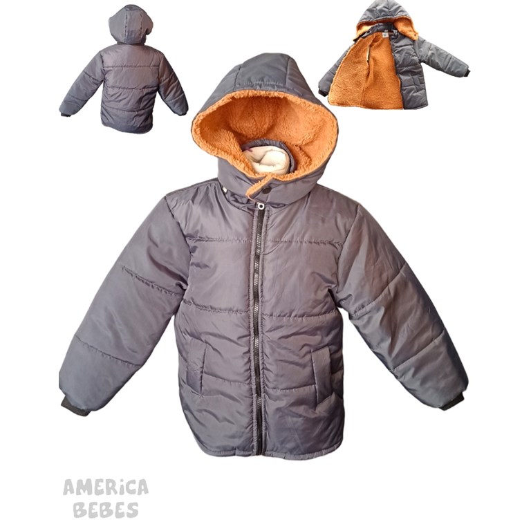 CAMPERA GRIS TOPO CON CORDERITO ADENTRO CAMEL Y CAPUCHA PARA NIÑO LABENDEL