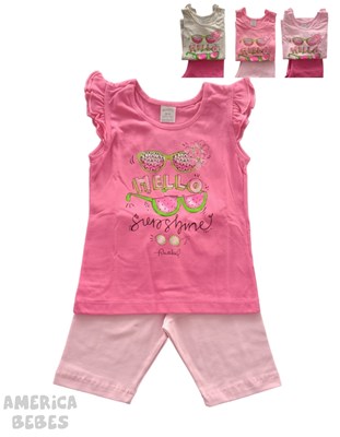 PROMO! CONJUNTO 2 PIEZAS PARA BEBA MUSCULOSA CON VOLADOS ESTAMPADA LENTES HELLO SUNSHINE Y CALZA LISA RUABEL