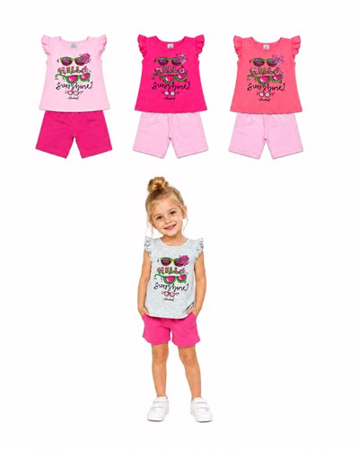 PROMO! CONJUNTO 2 PIEZAS PARA BEBA MUSCULOSA CON VOLADOS ESTAMPADA LENTES HELLO SUNSHINE Y CALZA LISA RUABEL
