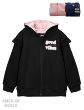 CAMPERITA FRISA PARA BEBA CON CAPUCHA Y VOLADOS ESTAMPADA GOOD VIBES RUABEL