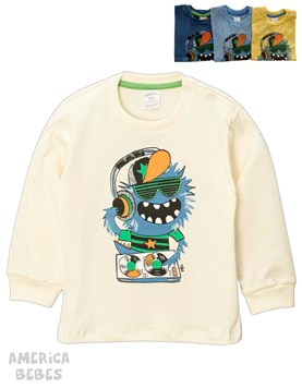 REMERA MANGA LARGA ALGODON CON PUÑOS PARA BEBE VARON ESTAMPADA MONSTRUO DJ RUABEL