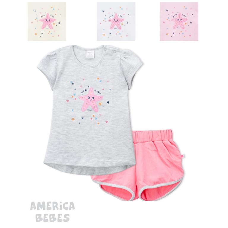 CONJUNTO 2 PIEZAS PARA BEBA REMERA MANGA CORTA ESTAMPADA ESTRELLA DE MAR Y SHORT LISO RUABEL