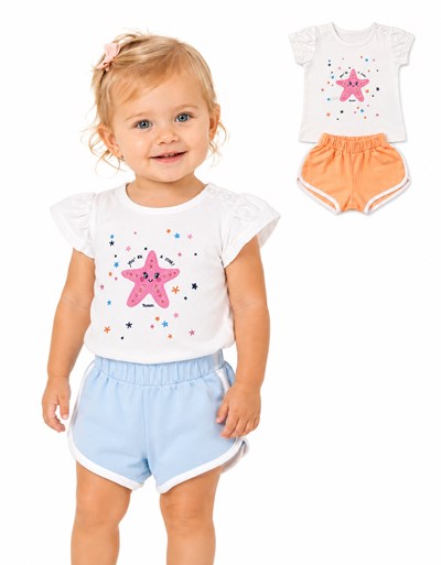 CONJUNTO 2 PIEZAS PARA BEBA REMERA MANGA CORTA ESTAMPADA ESTRELLA DE MAR Y SHORT LISO RUABEL