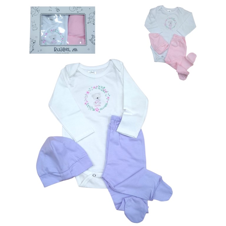 SET 3PZS BODY MANGA LARGA, MEDIO OSITO Y GORRO. RUABEL
