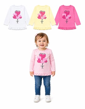 REMERA MANGA LARGA PARA BEBA CON VOLADO Y ESTAMPA CORAZONES. RUABEL