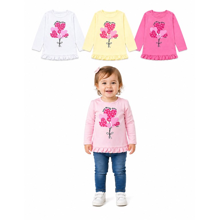 REMERA MANGA LARGA PARA BEBA CON VOLADO Y ESTAMPA CORAZONES. RUABEL