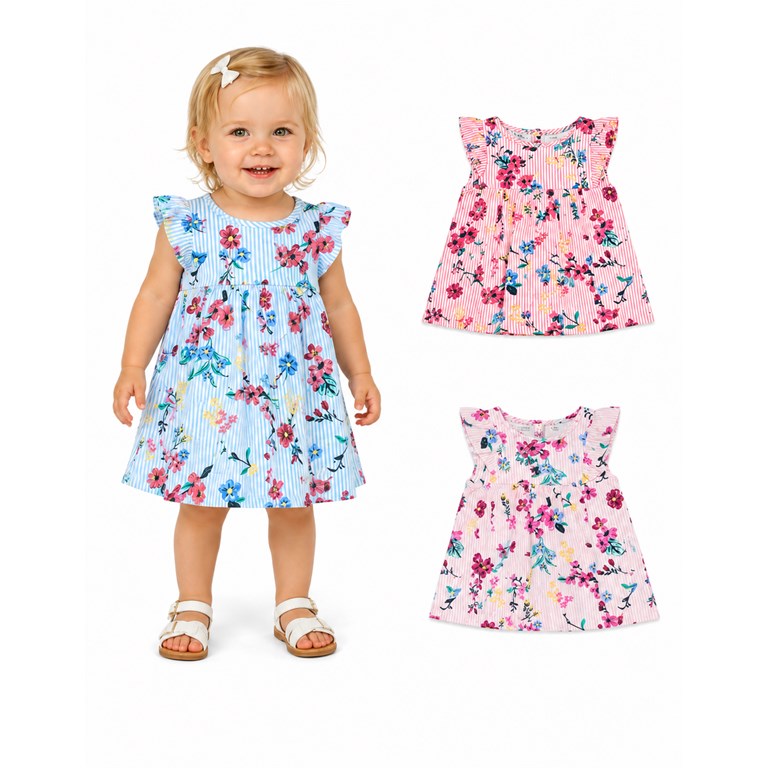 VESTIDO EN FIBRANA ESTAMPADA PARA BEBA. RUABEL