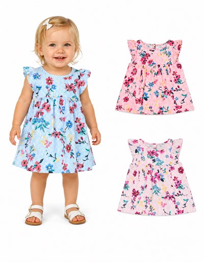 VESTIDO EN FIBRANA ESTAMPADA PARA BEBA. RUABEL