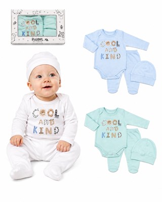 CAJITA 3 PZS BEBE. BODY MANGA LARGA, MEDIO OSITO, GORRO.  RUABEL