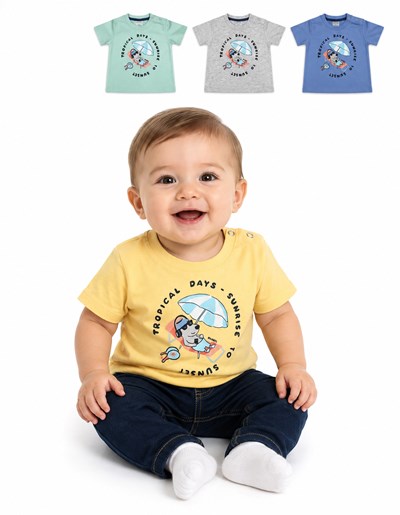 REMERA PARA BEBE MANGA CORTA ESTAMPA PLAYA. RUABEL