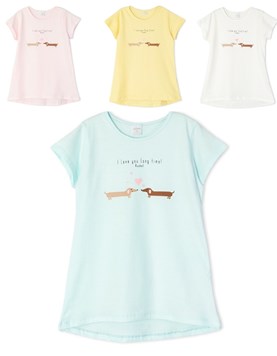 Remera manga corta de nena con estampa perritos salchichas. ruabel