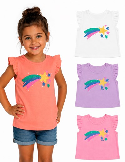 MUSCULOSA NIÑA CON ESTAMPA ESTRELLA FUGAZ CON GLITTER. RUABEL