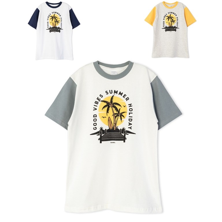 Remera manga corta para nene estampa palmeras y sol. Ruabel