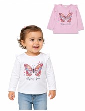 REMERA PARA BEBA MANGA LARGA CON VOLADO Y ESTAMPA MARIPOSA. RUABEL