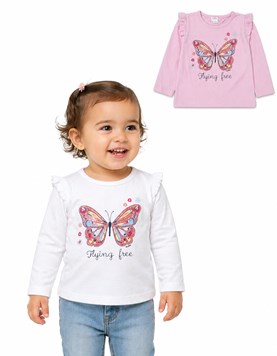 REMERA PARA BEBA MANGA LARGA CON VOLADO Y ESTAMPA MARIPOSA. RUABEL